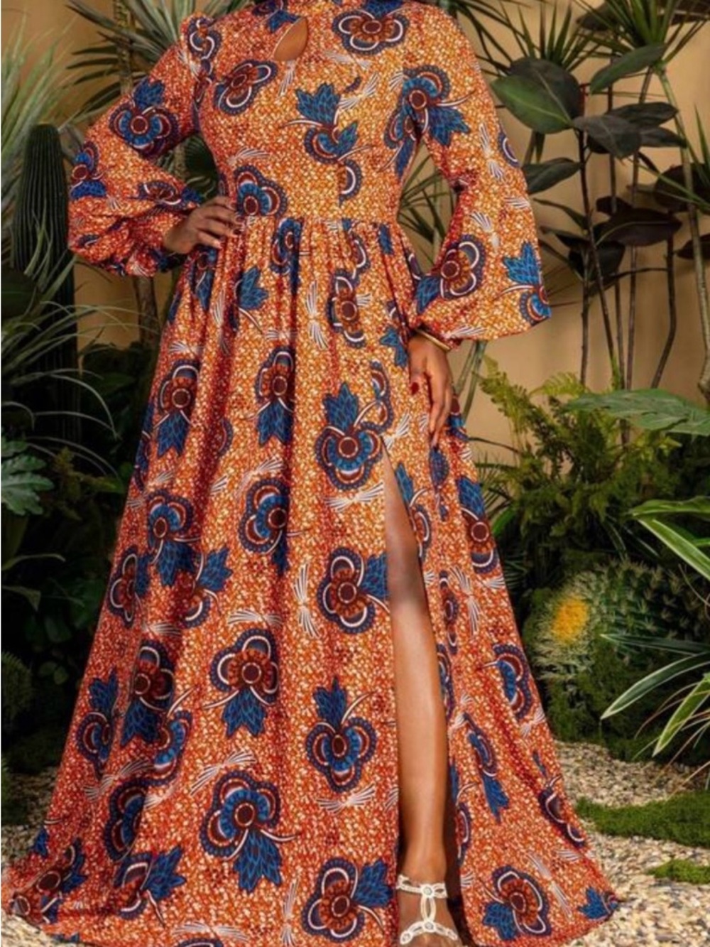 #596 Faeriesty Gorgeous High-Neck Orange Floral Maxi Dress with Side Slit - Picture 5 of 15
